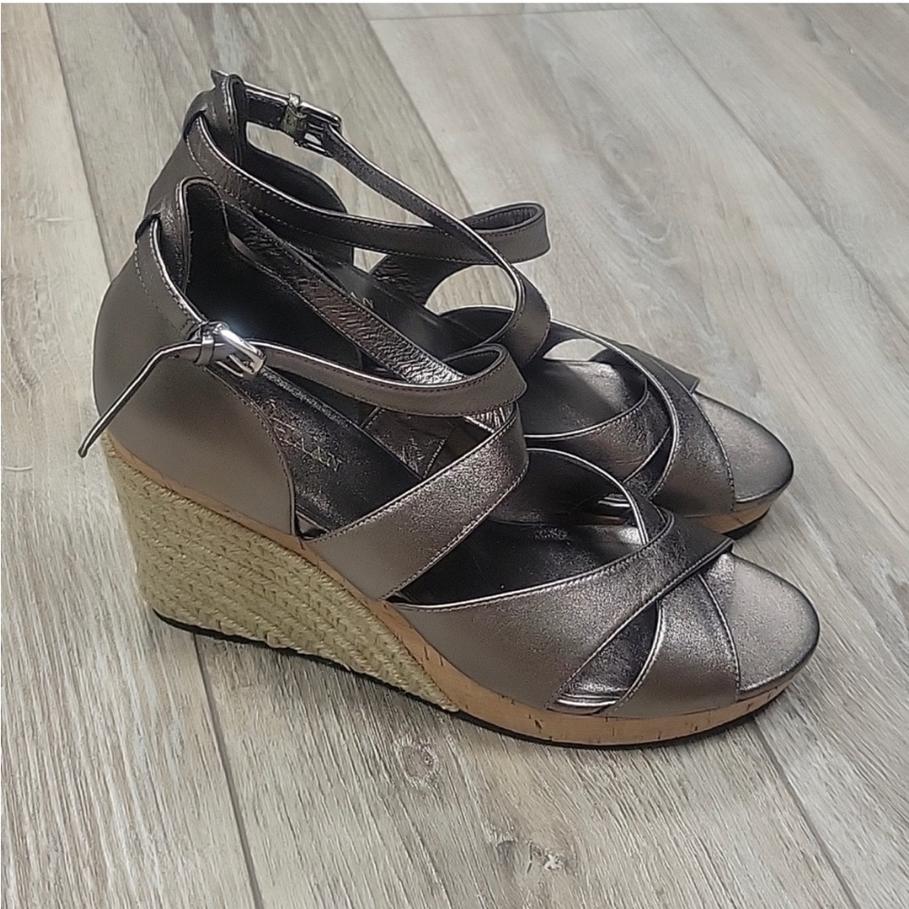 Cole Haan Pewter Leather Wedge Sandals Size 9